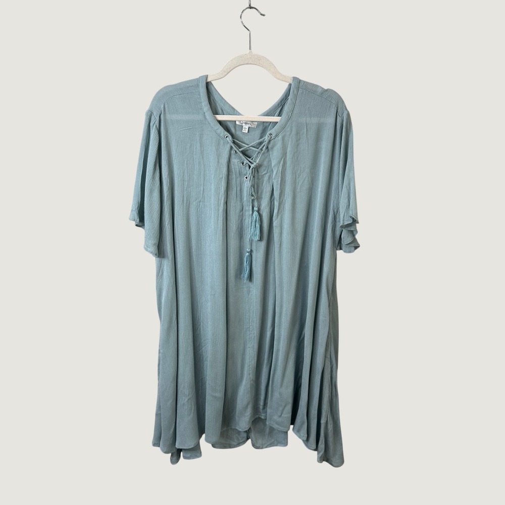 JODIFL Lace Up Tassel Tunic Dress Seafoam Blue Size L Boho Coastal Cottagecore